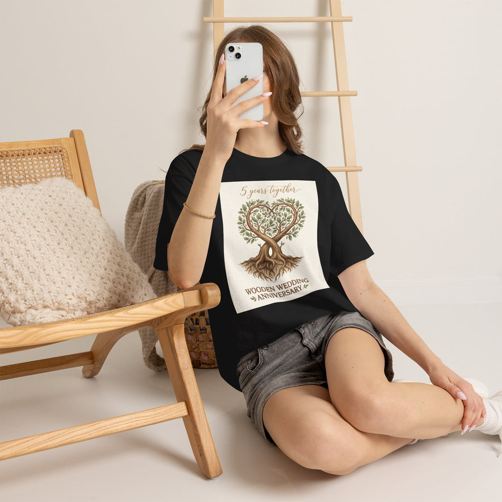 Wooden Wedding Anniversary Tee — "5 Years Together" Tree Heart Design