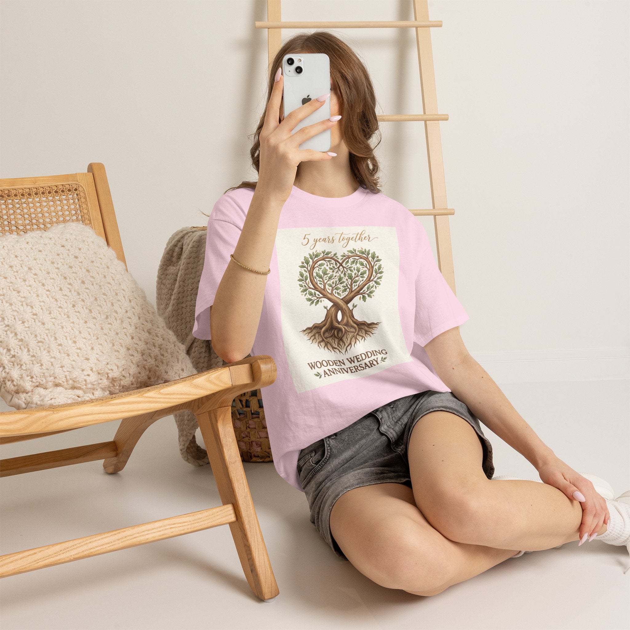 Wooden Wedding Anniversary Tee — "5 Years Together" Tree Heart Design