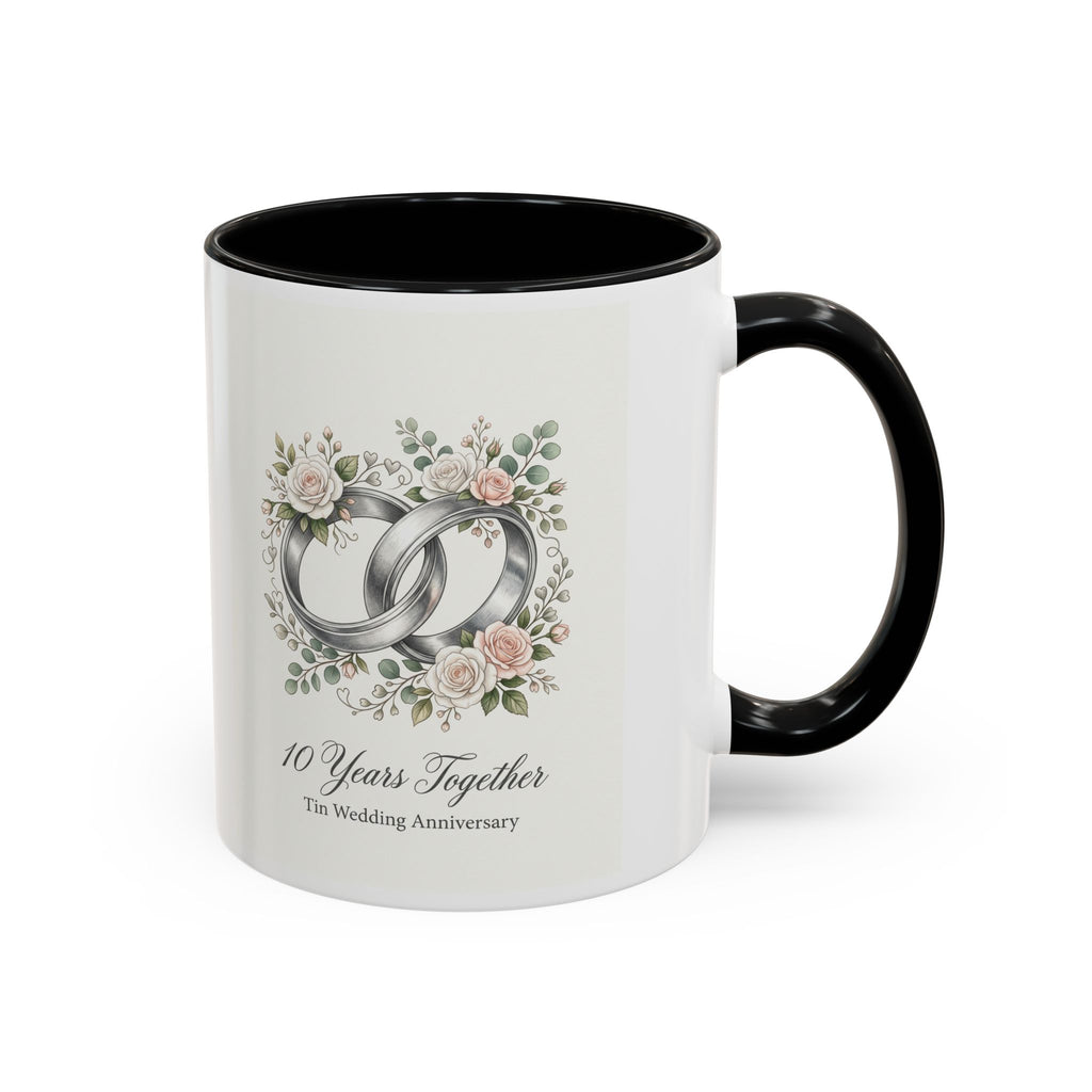 10th Wedding Anniversary Tin Rings Coffee Mug — '10 Years Together' Floral Accent