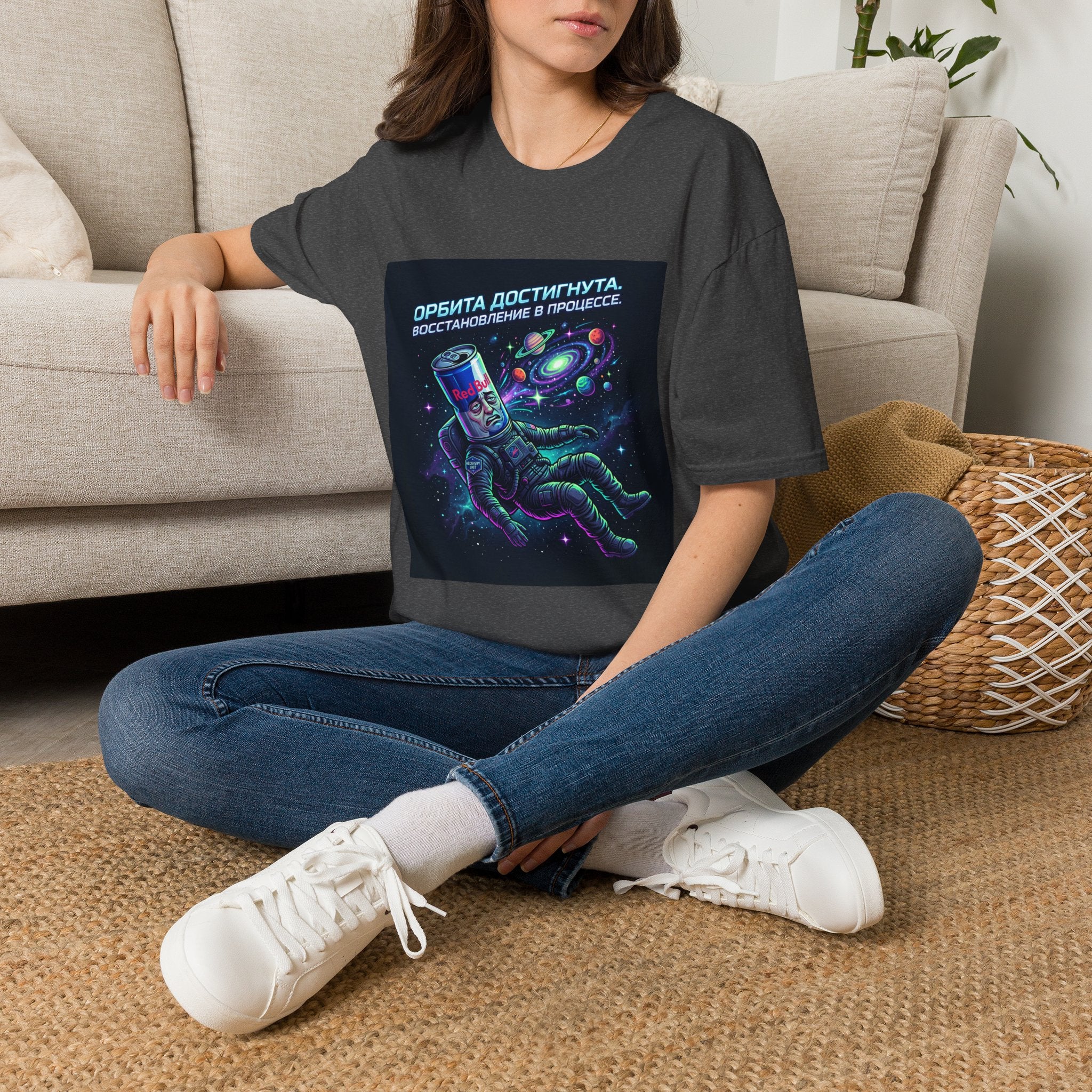 Orbital Reset T-Shirt — "Орбита достигнута. Восстановление в процессе." Cosmic Energy Drink Tee