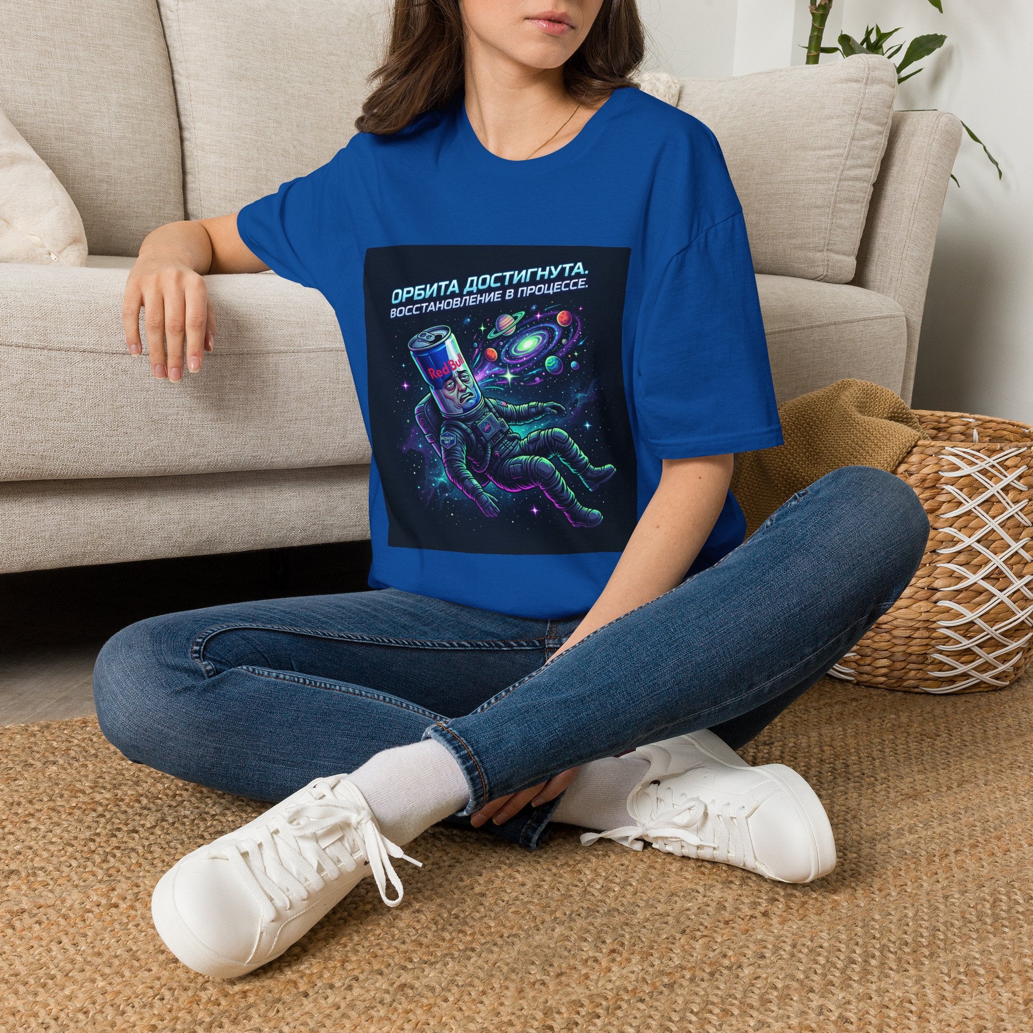 Orbital Reset T-Shirt — "Орбита достигнута. Восстановление в процессе." Cosmic Energy Drink Tee
