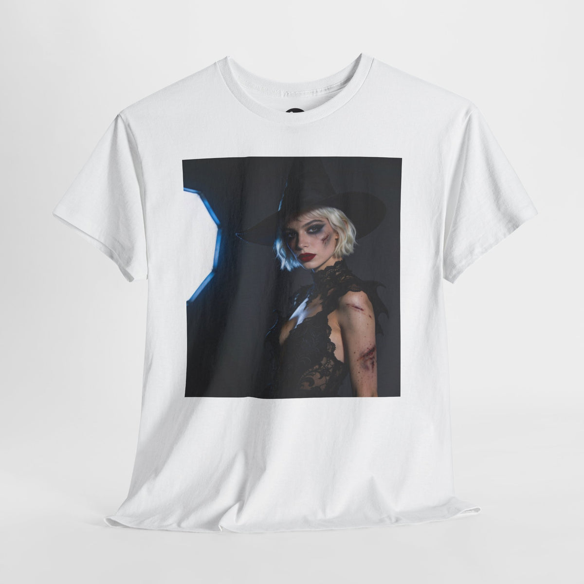 Gothic witch T-shirt with artistic witch portrait and dark Halloween design
