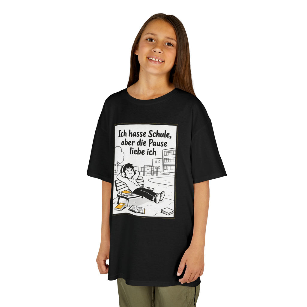 Kinder-T-Shirt – „Ich hasse Schule, aber die Pause liebe ich“ Cartoon-Schulpausen-Shirt