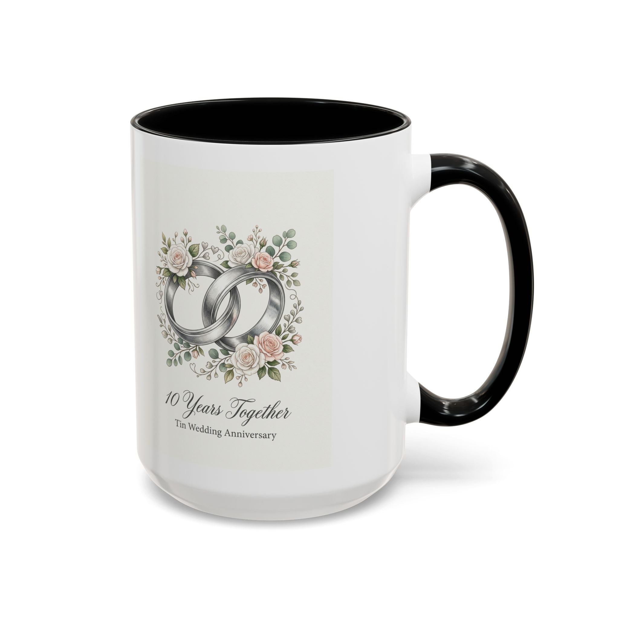 10th Wedding Anniversary Tin Rings Coffee Mug — '10 Years Together' Floral Accent