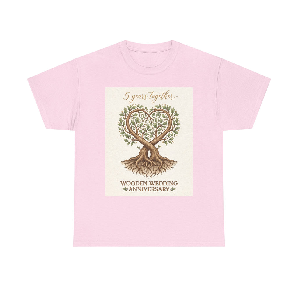Wooden Wedding Anniversary Tee — "5 Years Together" Tree Heart Design