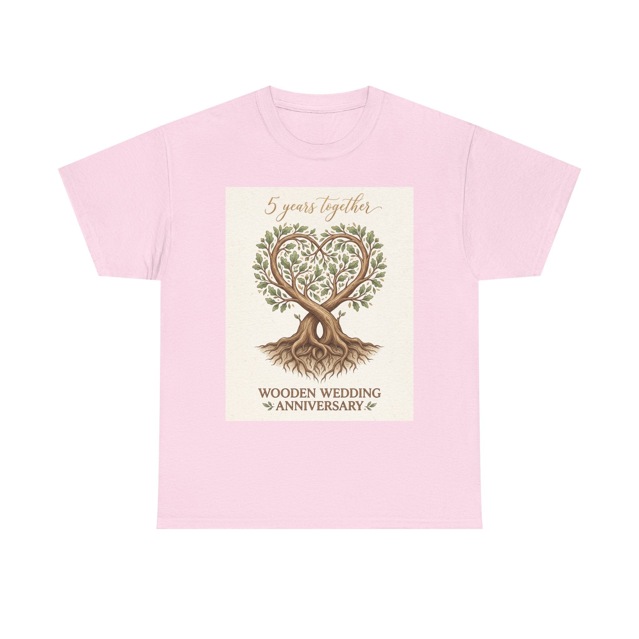 Wooden Wedding Anniversary Tee — "5 Years Together" Tree Heart Design