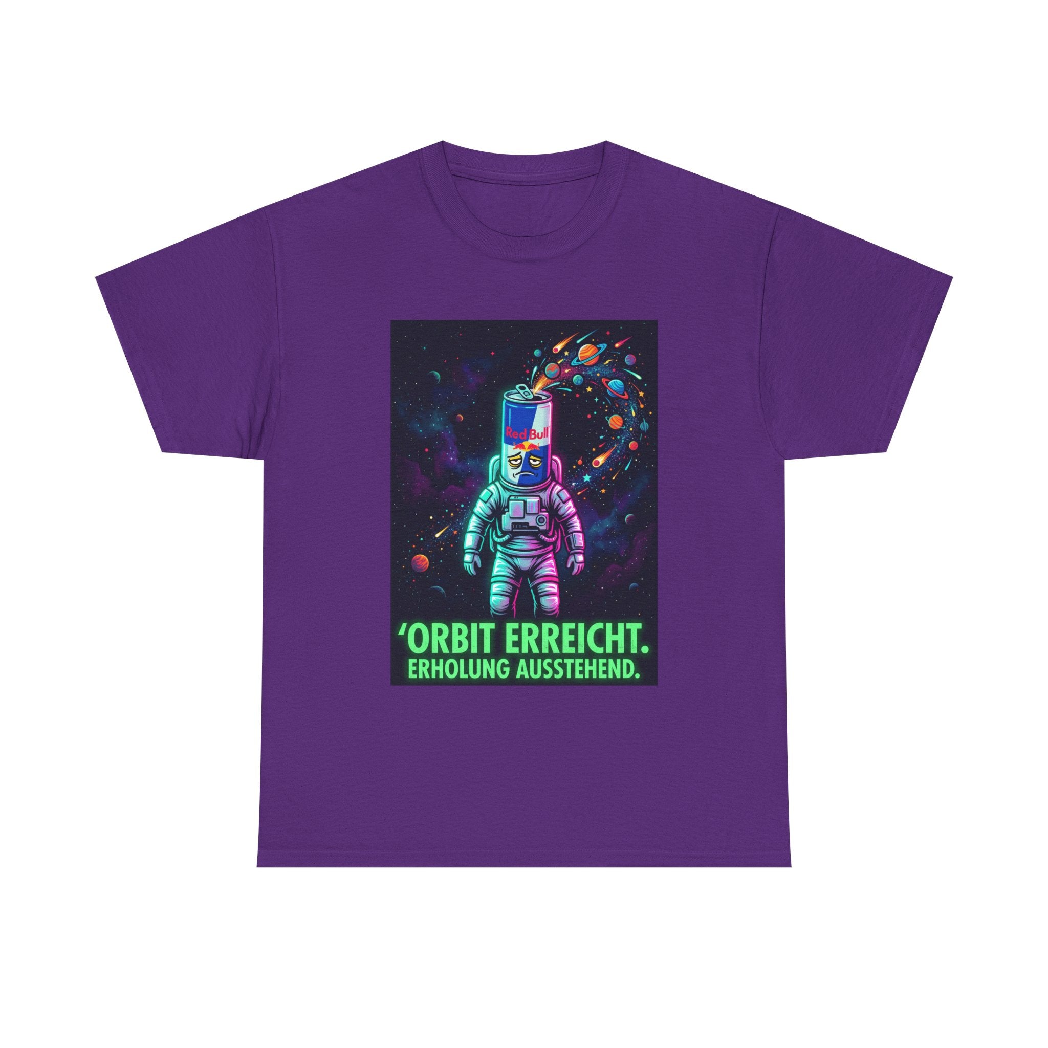 Astronaut Graphic Tee — “Orbit erreicht. Erholung ausstehend.” Neon Space Shirt