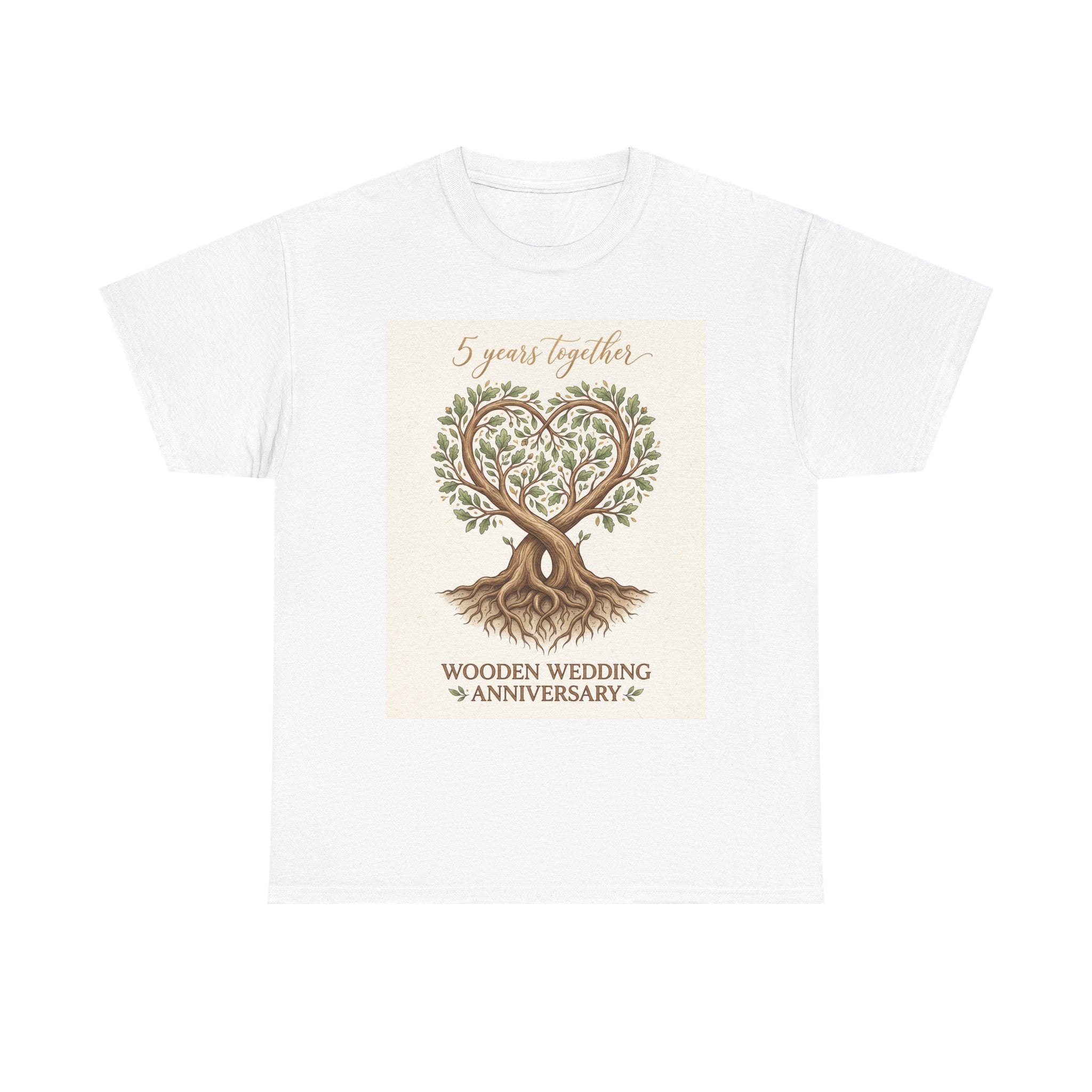 Wooden Wedding Anniversary Tee — "5 Years Together" Tree Heart Design
