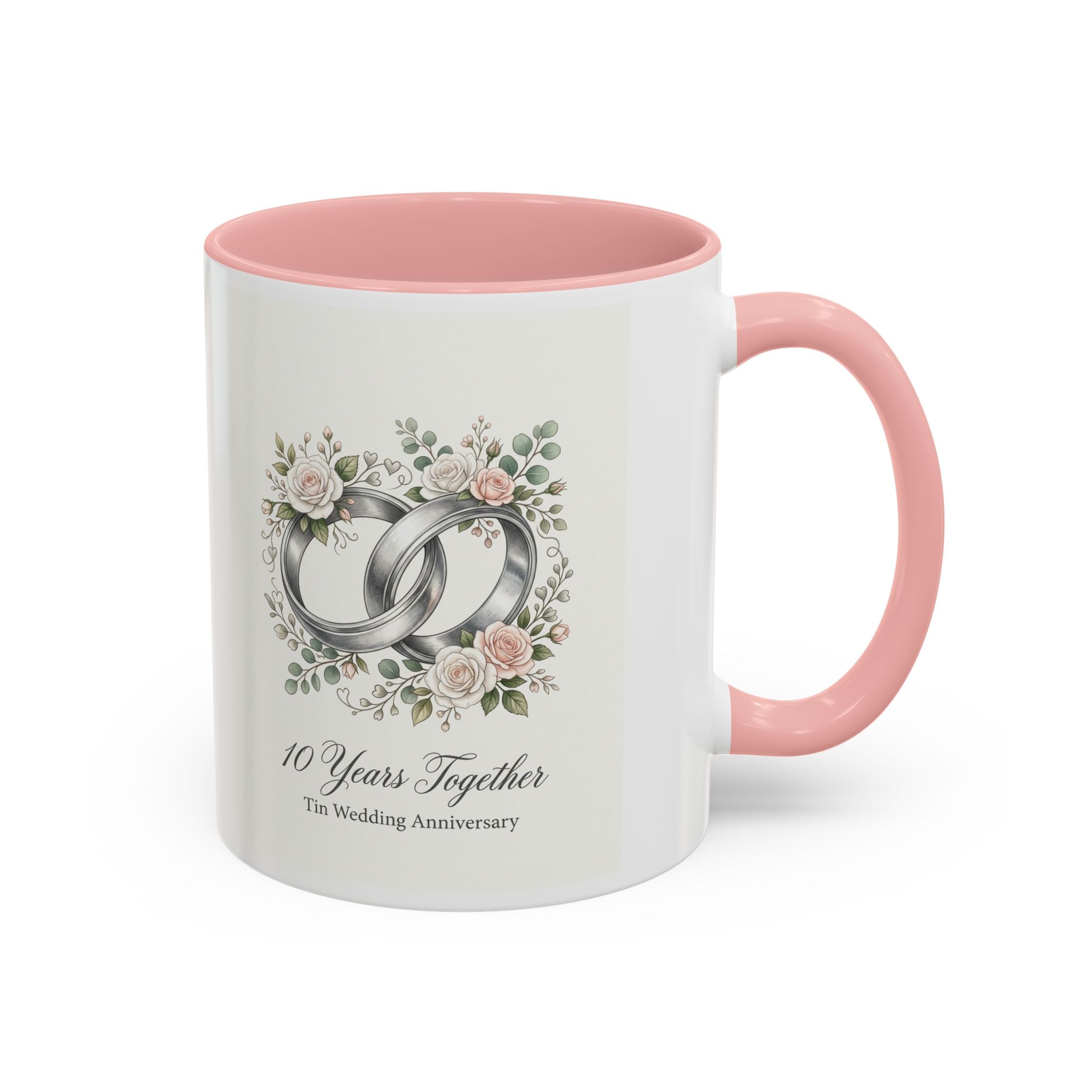 10th Wedding Anniversary Tin Rings Coffee Mug — '10 Years Together' Floral Accent