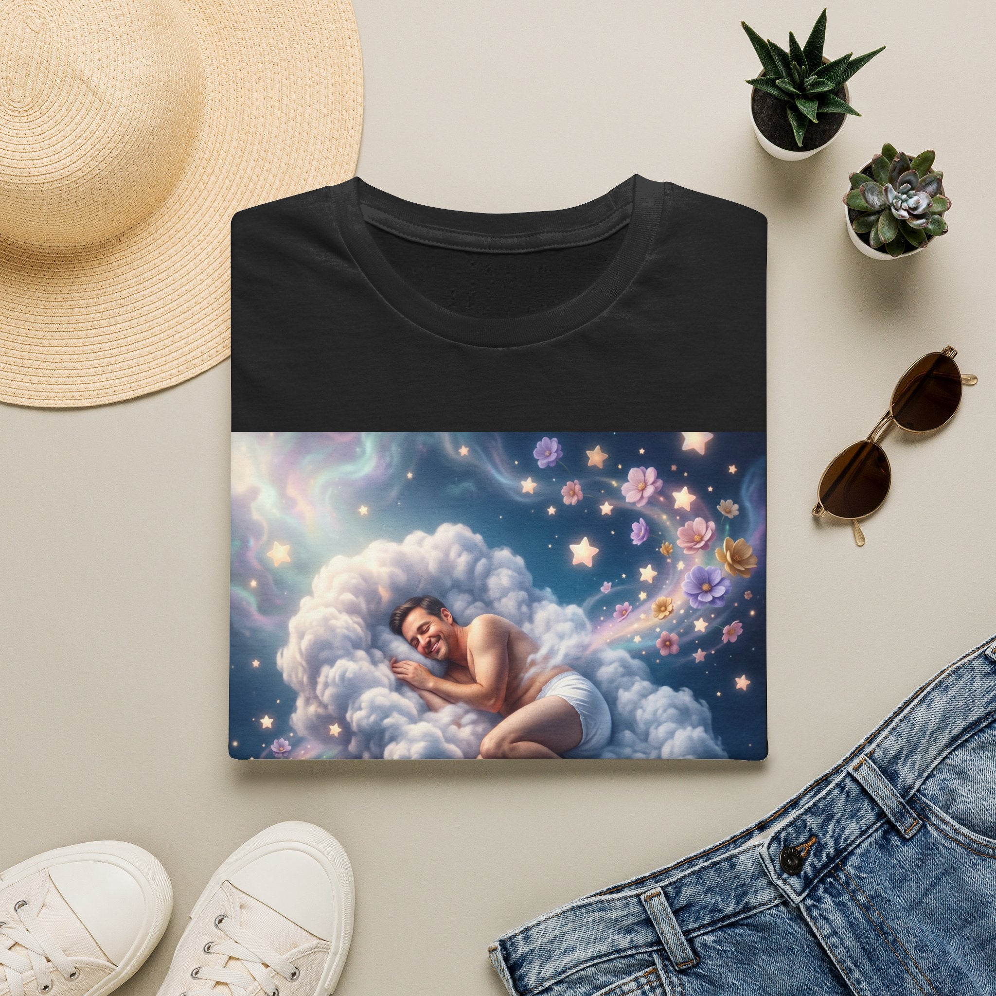 Dreamy Sleeping Angel T-Shirt — 'I Feel Like a Newborn' Cloud Art Tee