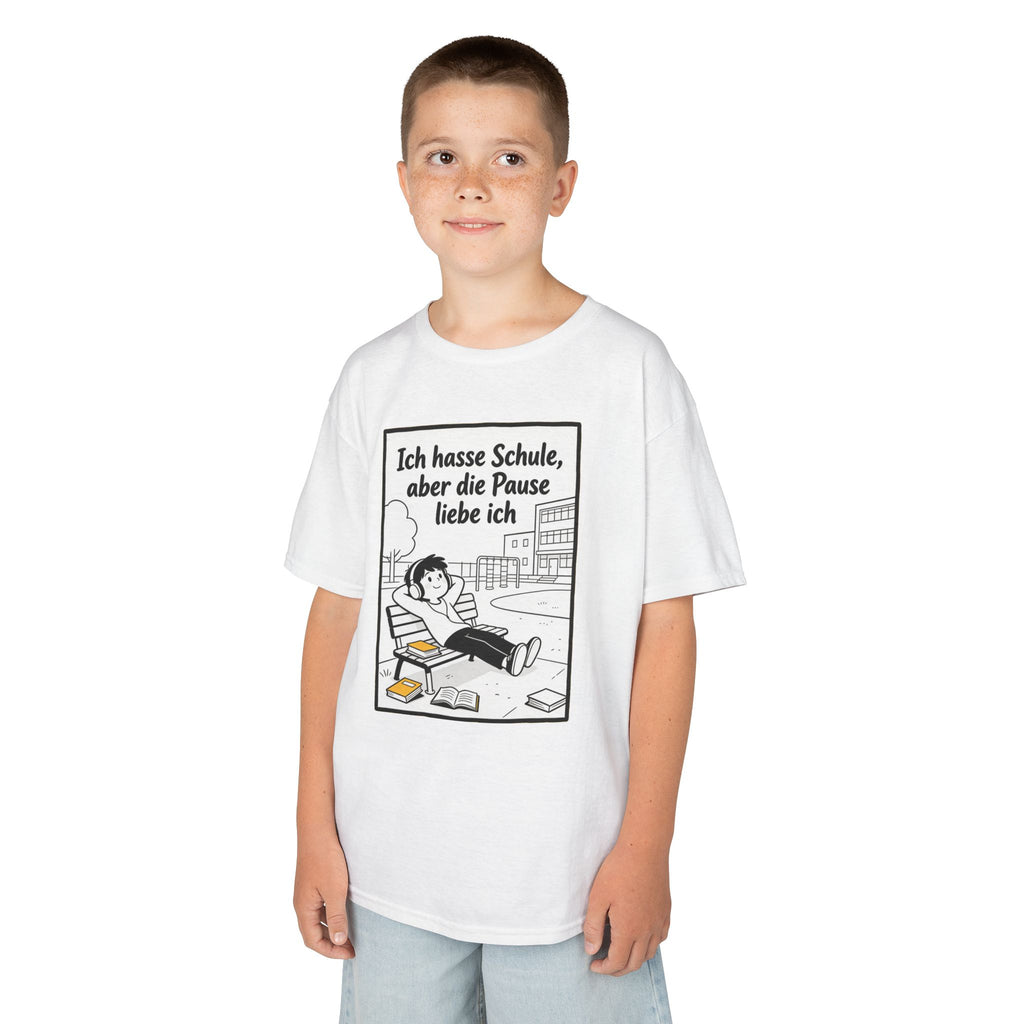 Kinder-T-Shirt – „Ich hasse Schule, aber die Pause liebe ich“ Cartoon-Schulpausen-Shirt