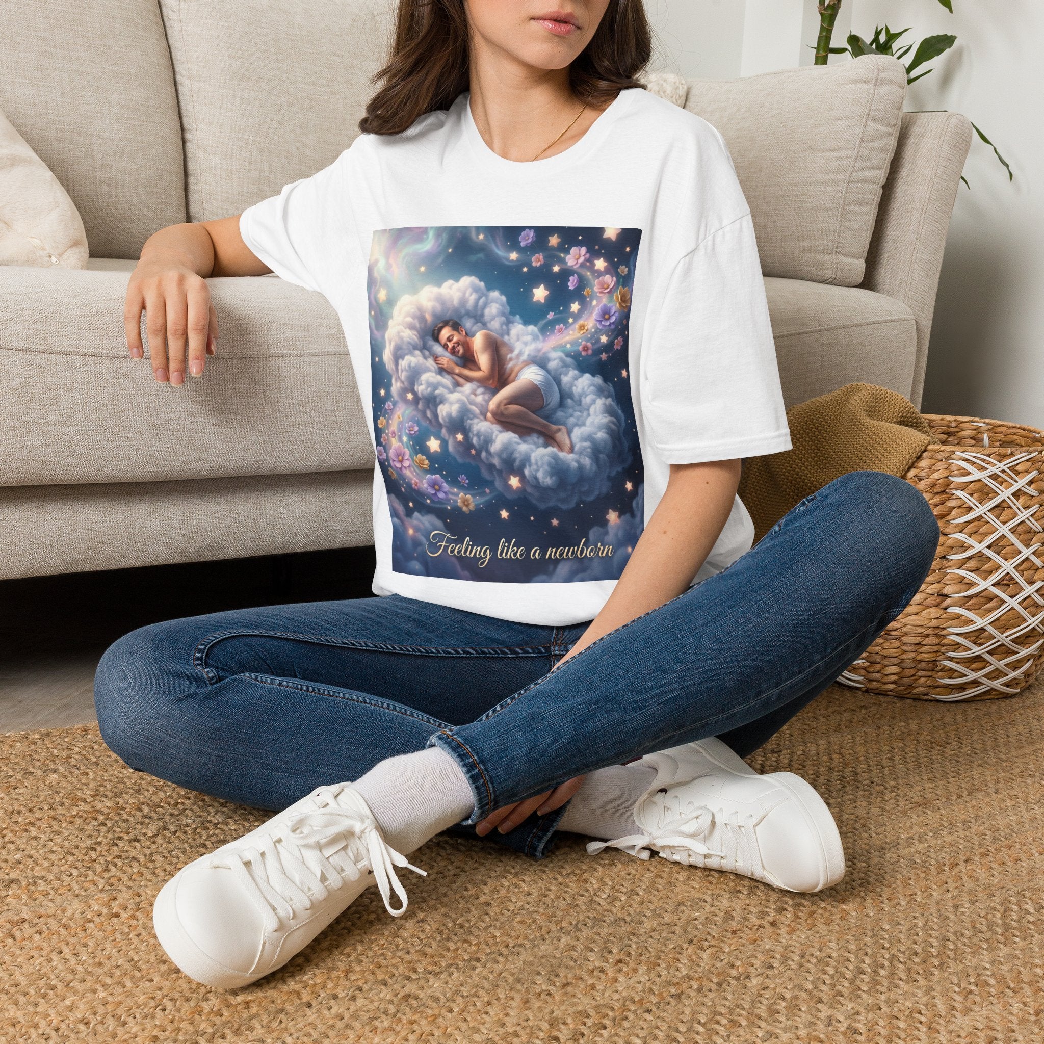 Dreamy Sleeping Angel T-Shirt — 'I Feel Like a Newborn' Cloud Art Tee