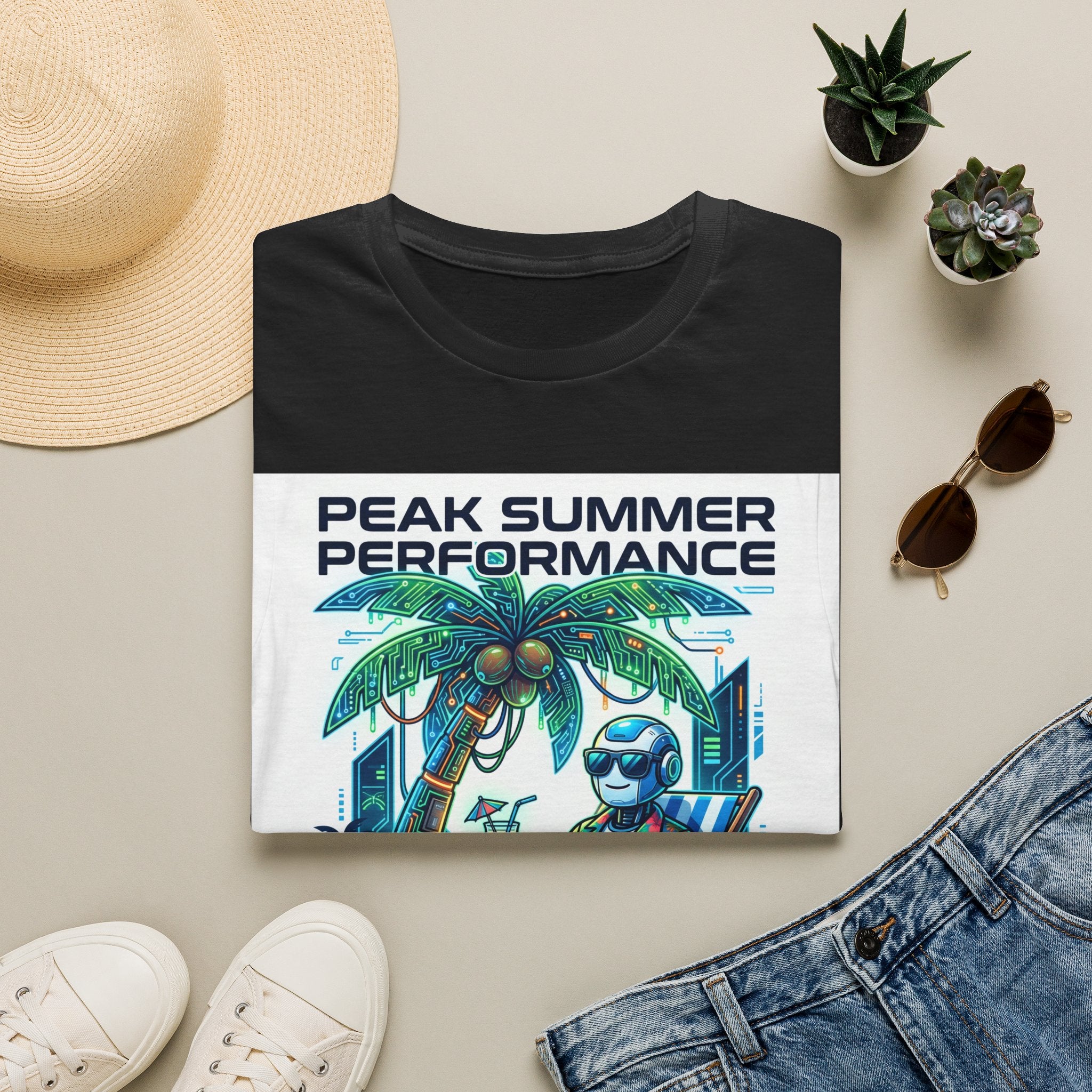 Peak Summer Performance T-Shirt — Retro Palm Tree & Relaxing Robot Graphic Tee