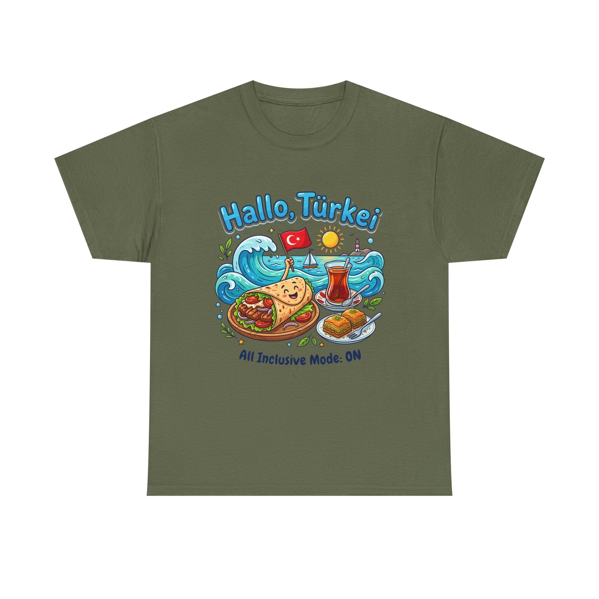 Hallo Türkiye! Turkish Food & Vacation Graphic Tee — "All Inclusive Mode: ON"
