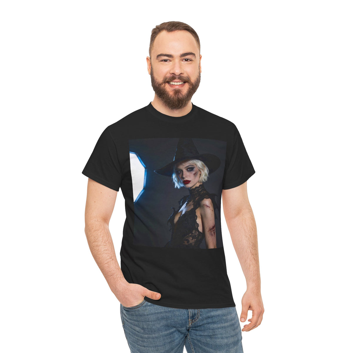 Gothic witch T-shirt with artistic witch portrait and dark Halloween design