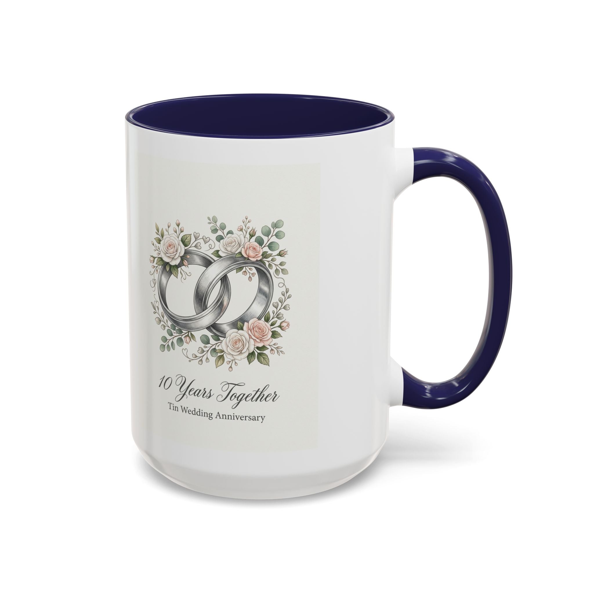 10th Wedding Anniversary Tin Rings Coffee Mug — '10 Years Together' Floral Accent