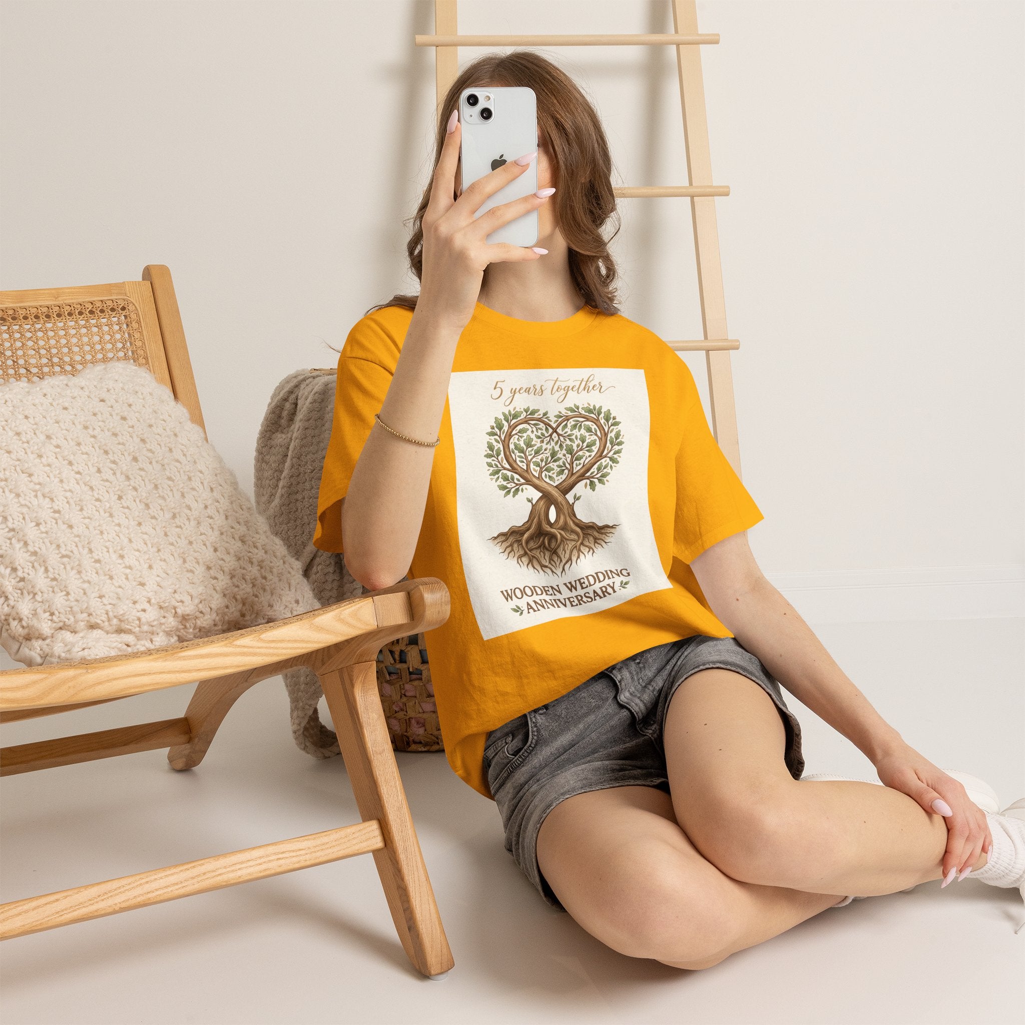 Wooden Wedding Anniversary Tee — "5 Years Together" Tree Heart Design