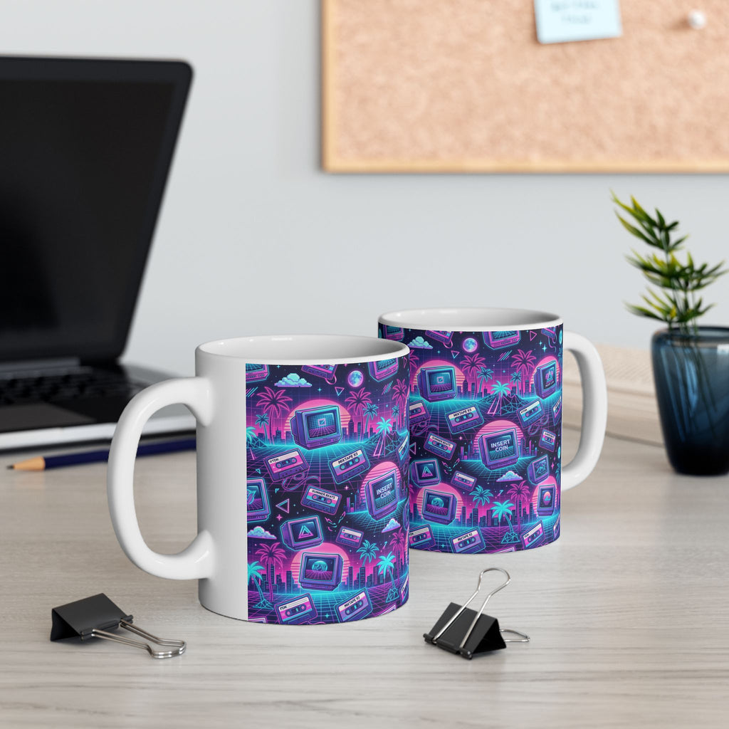 Retro Vaporwave Mug — Neon 80s Cassette & Palm Tree Ceramic Coffee Cup (11oz/15oz)