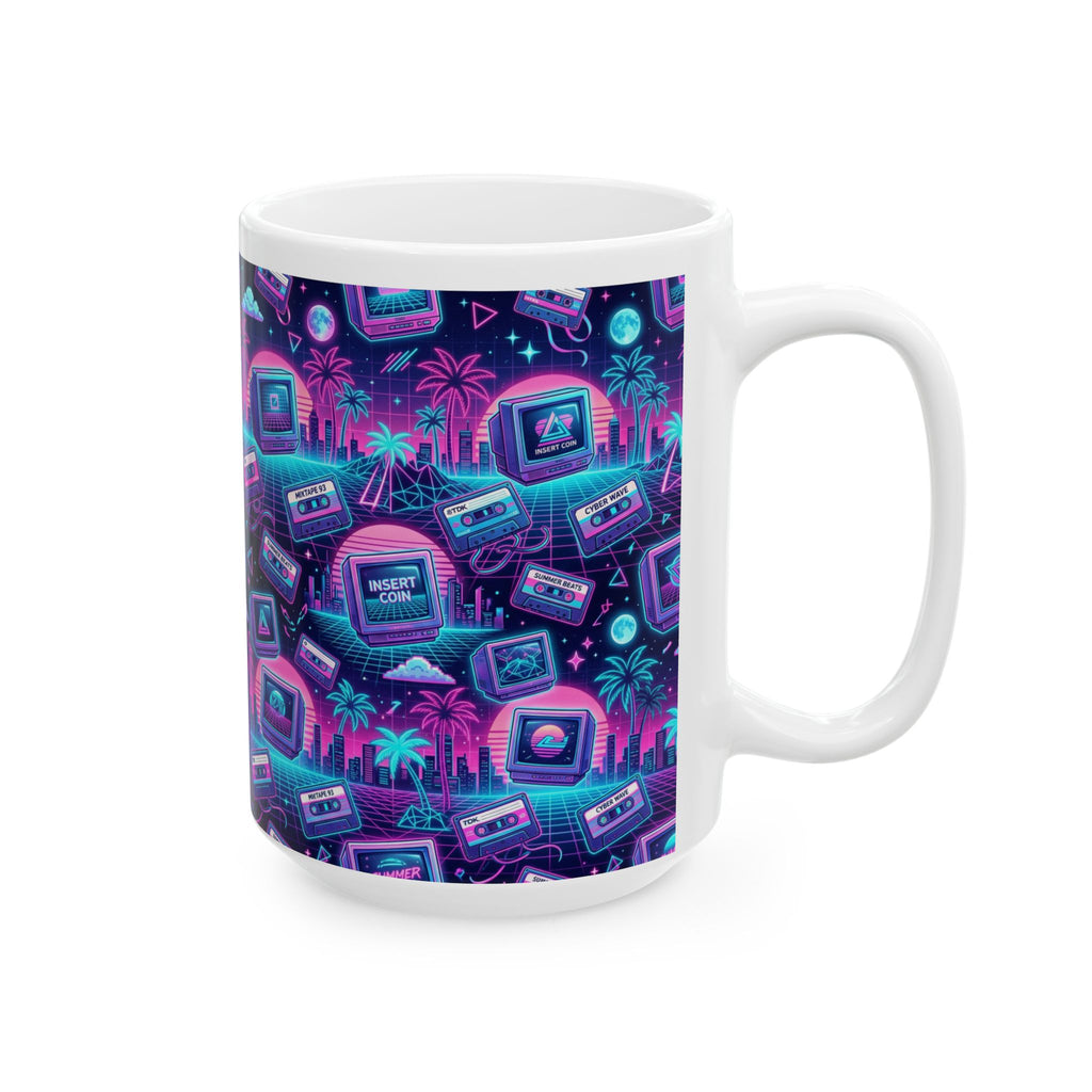 Retro Vaporwave Mug — Neon 80s Cassette & Palm Tree Ceramic Coffee Cup (11oz/15oz)