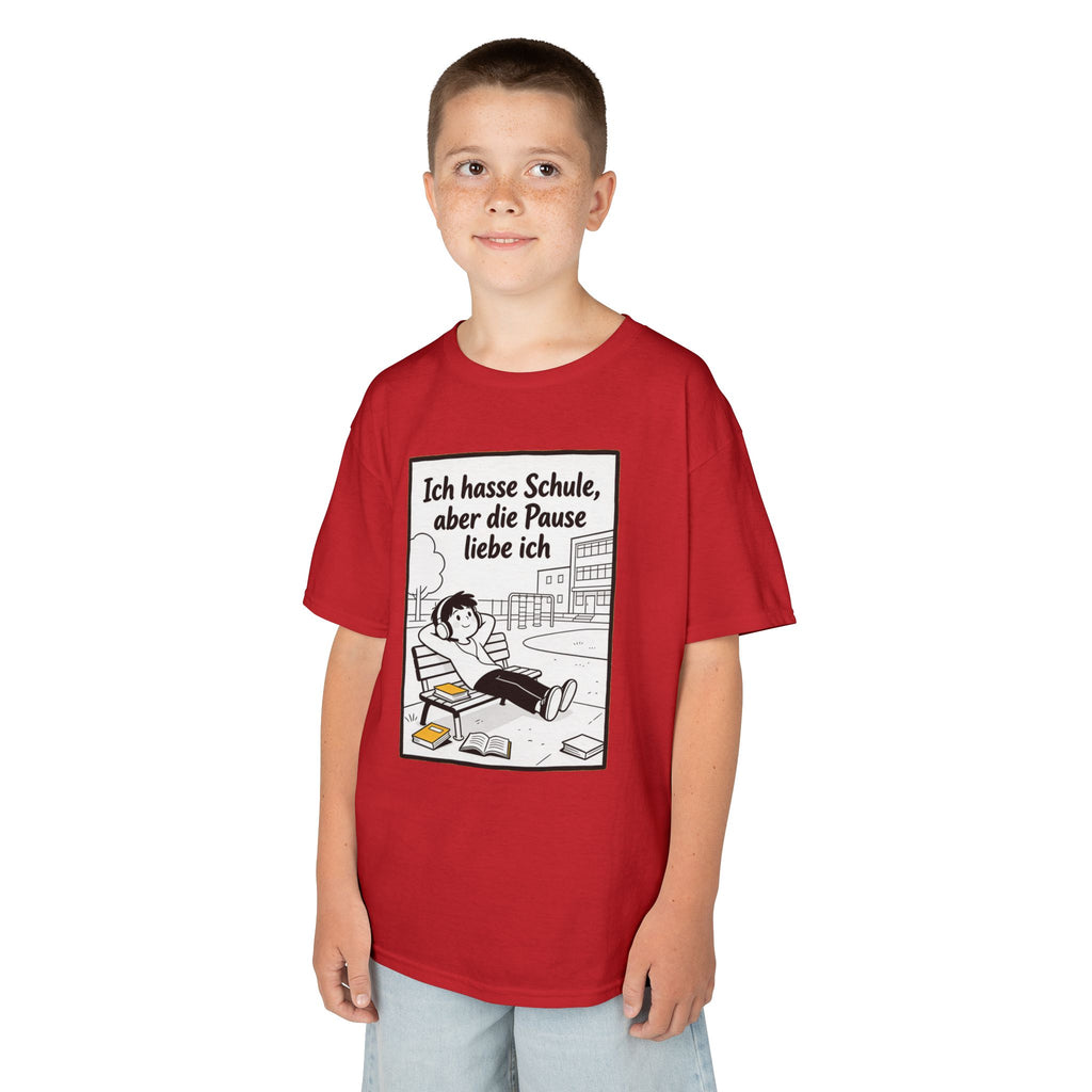 Kinder-T-Shirt – „Ich hasse Schule, aber die Pause liebe ich“ Cartoon-Schulpausen-Shirt