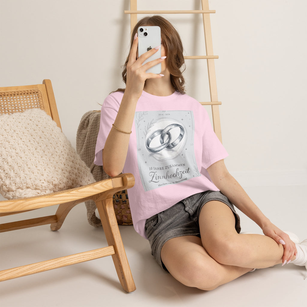 Zinnhochzeit 10 Years Anniversary T‑Shirt — Silver Rings 10 Jahre Zusammen Tee