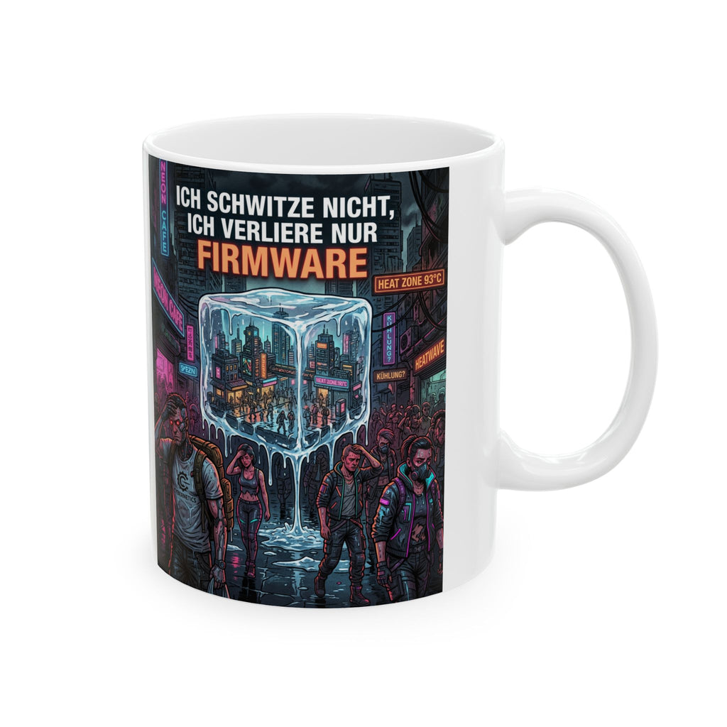 Cyberpunk Street Scene Ceramic Mug — Neon Night Coffee Cup with German Text