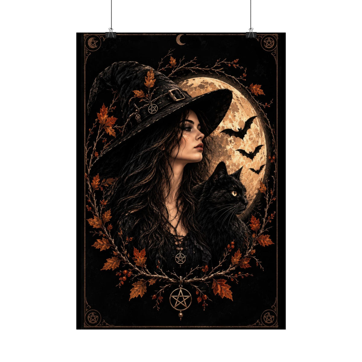 Dark gothic poster with witch, bats and moonlit autumn leaves
