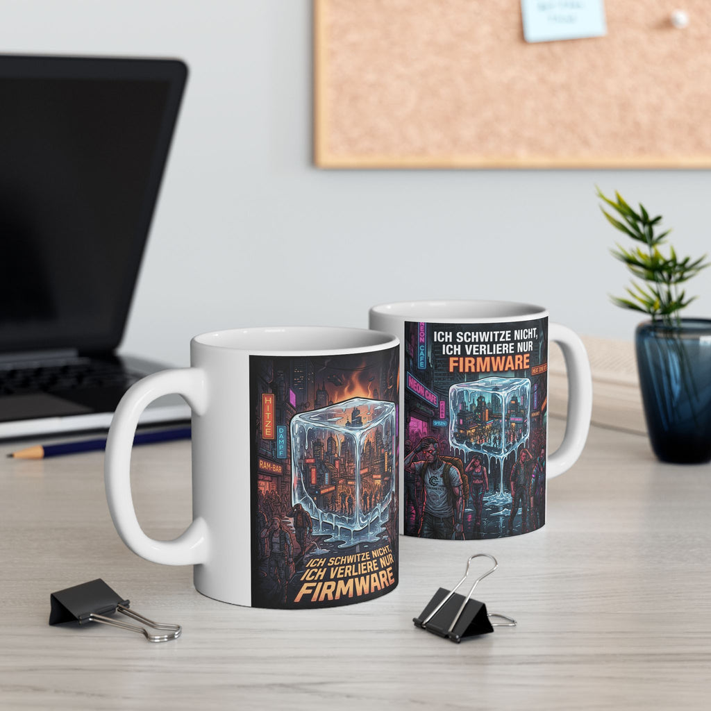 Cyberpunk Street Scene Ceramic Mug — Neon Night Coffee Cup with German Text