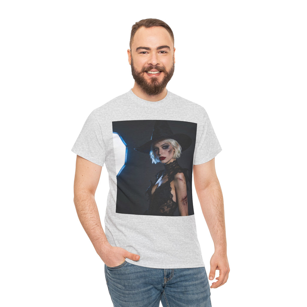Gothic witch T-shirt with artistic witch portrait and dark Halloween design
