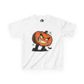 White kids Halloween T-shirt with a grinning orange jack-o’-lantern, bats and stars