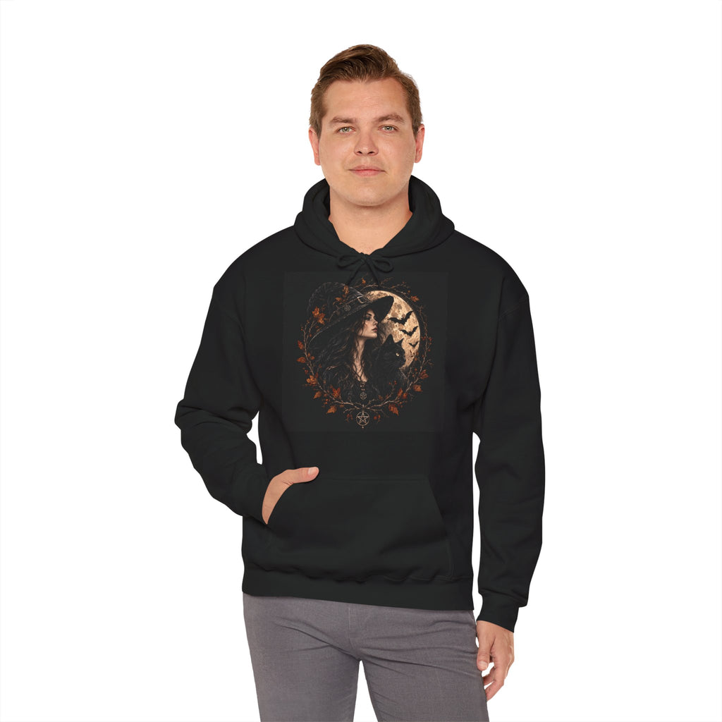 Moonlit witch and black cat graphic on a gothic hoodie