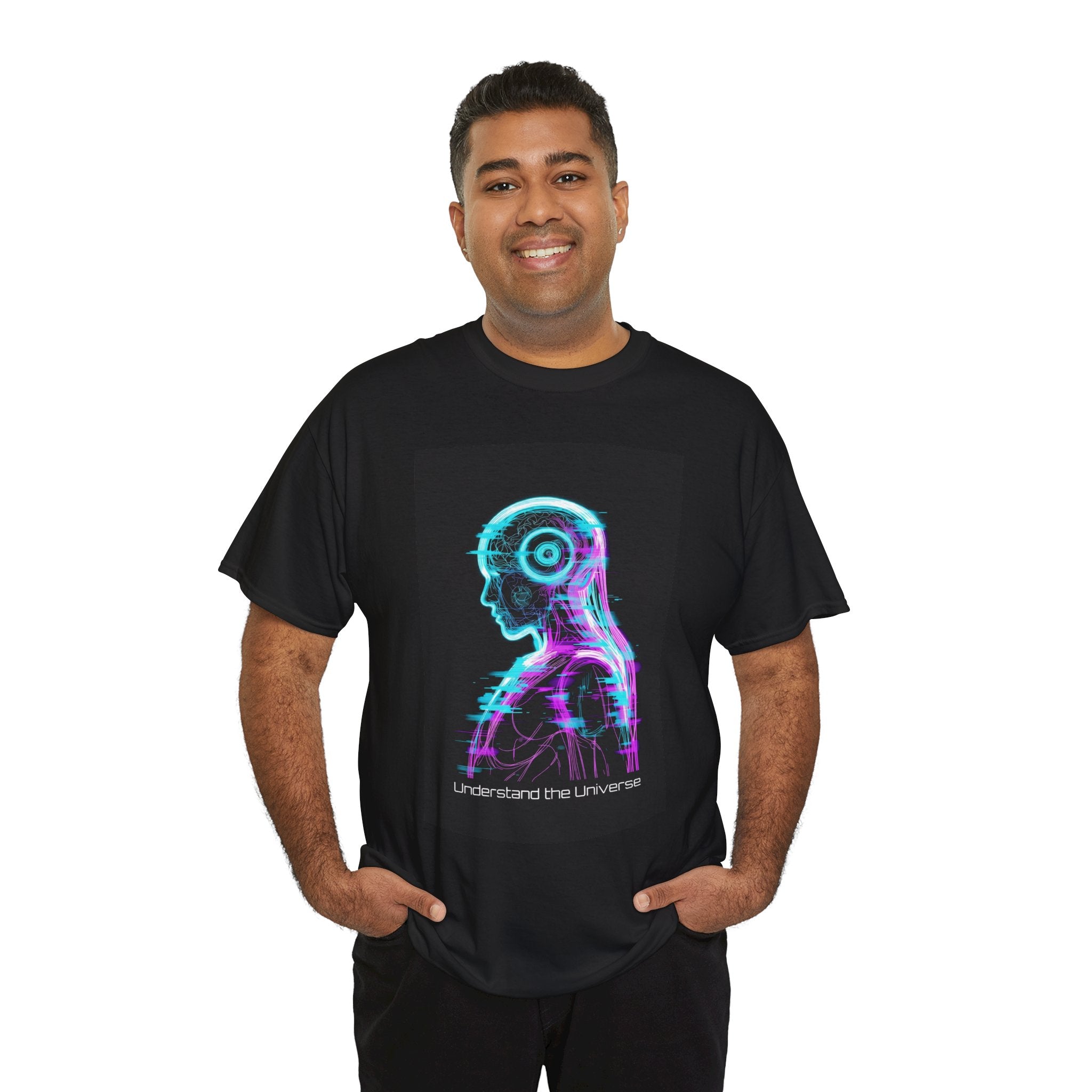Cyberpunk Android Tee — "I Understand the Universe" Neon Robot Graphic T-Shirt