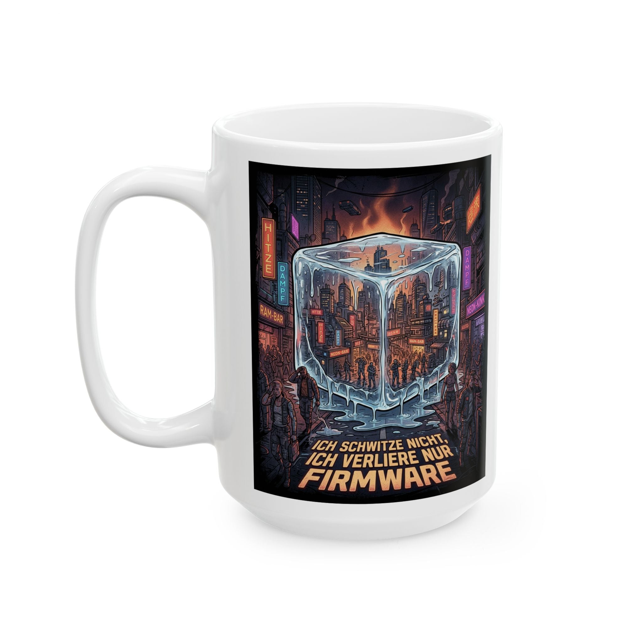 Cyberpunk Street Scene Ceramic Mug — Neon Night Coffee Cup with German Text