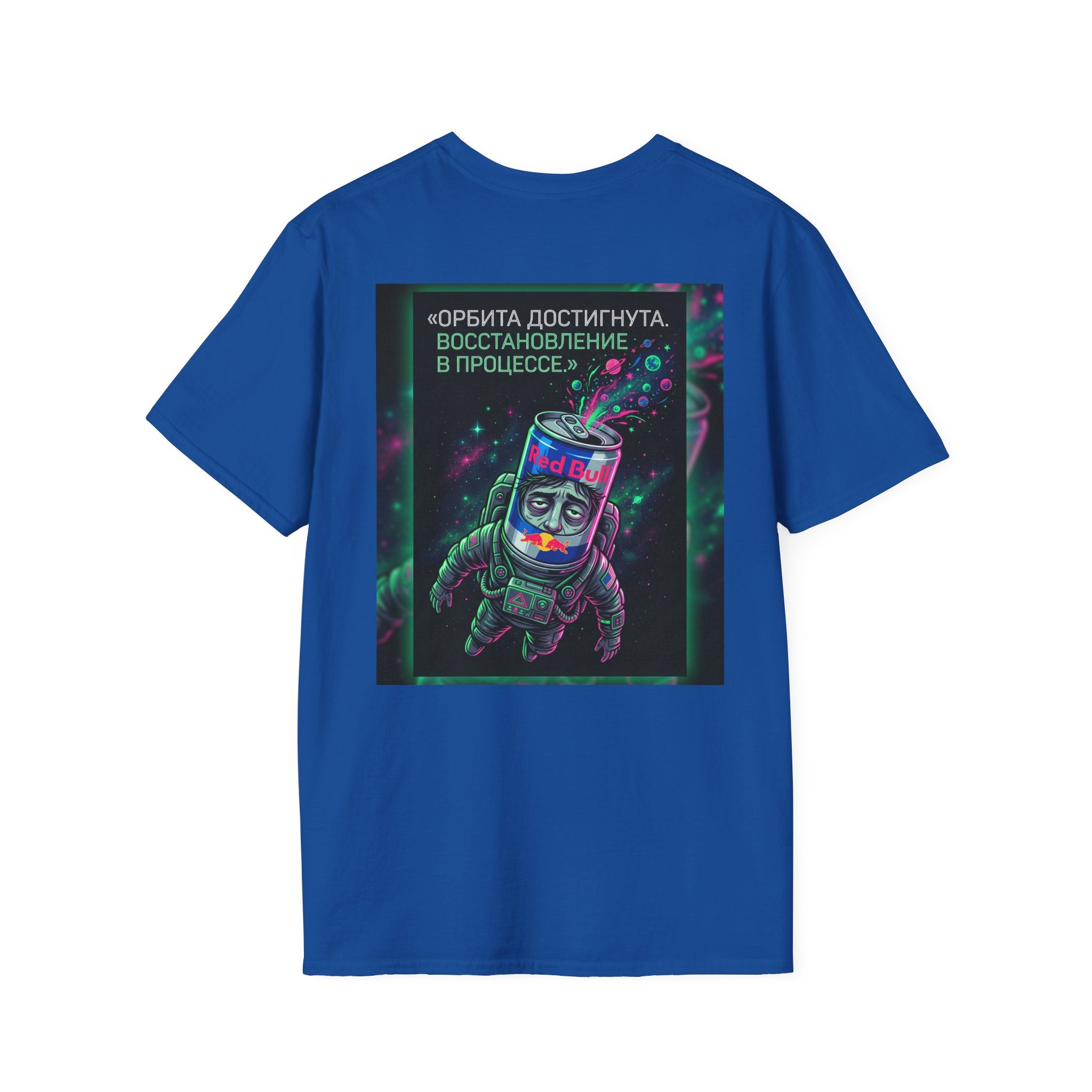 Orbital Reset T-Shirt — "Орбита достигнута. Восстановление в процессе." Cosmic Energy Drink Tee