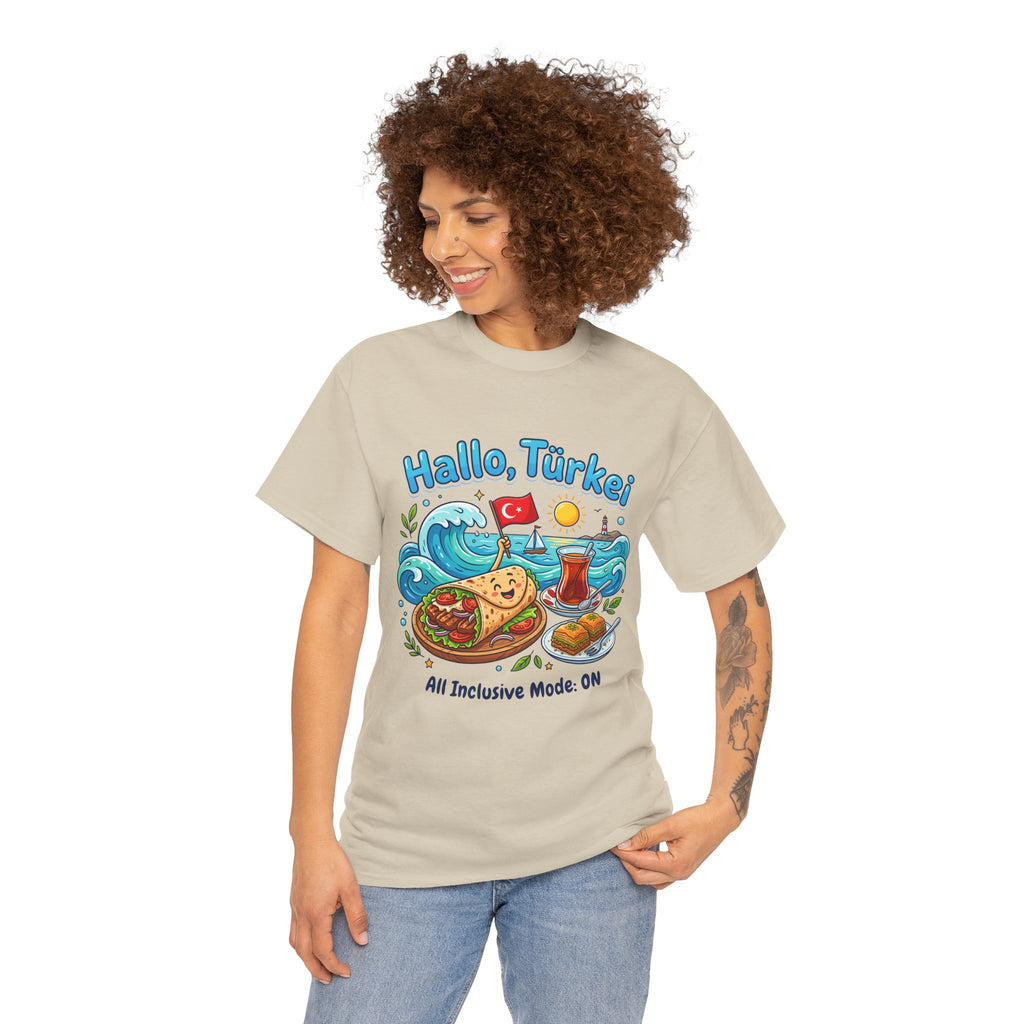 Hallo Türkiye! Turkish Food & Vacation Graphic Tee — "All Inclusive Mode: ON"