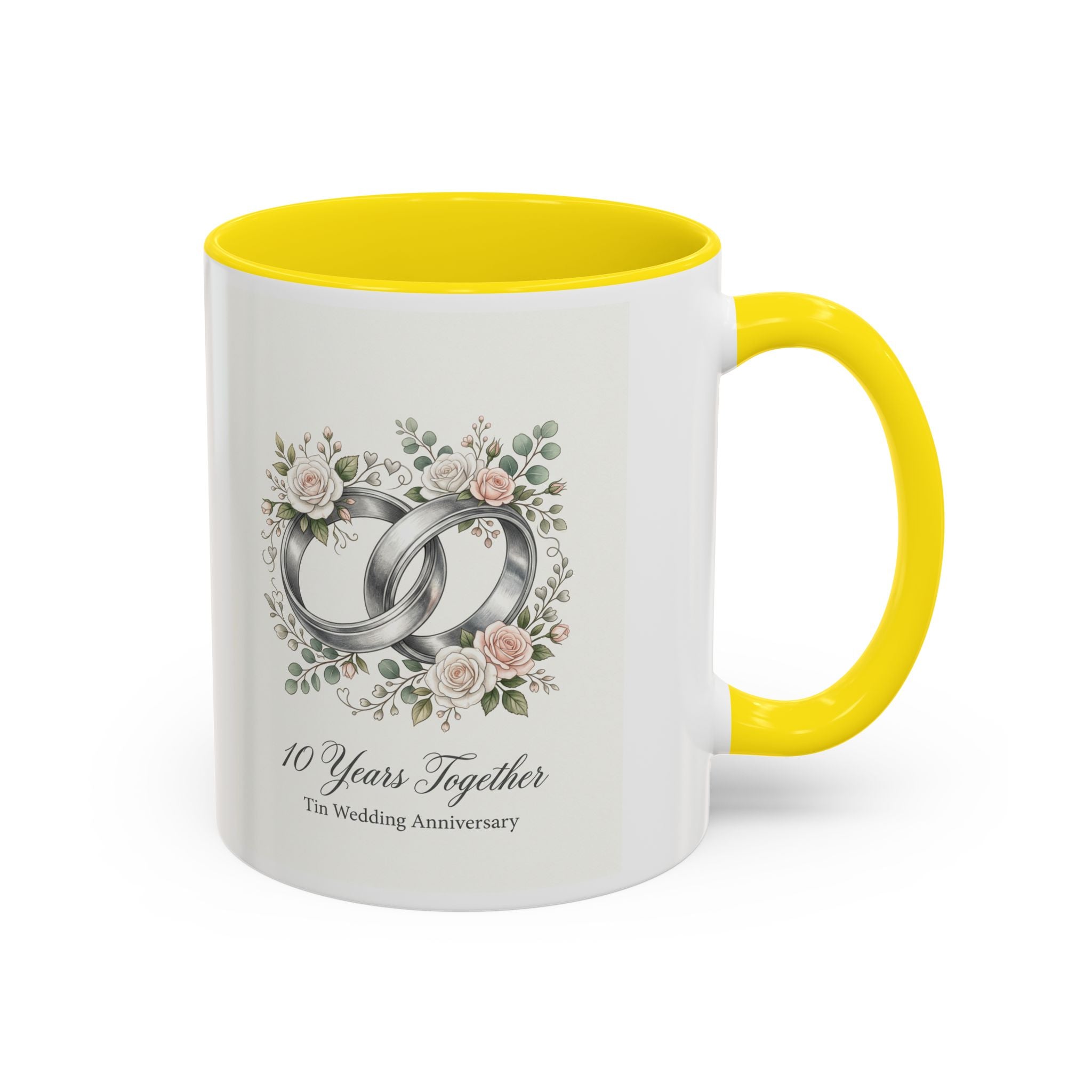 10th Wedding Anniversary Tin Rings Coffee Mug — '10 Years Together' Floral Accent