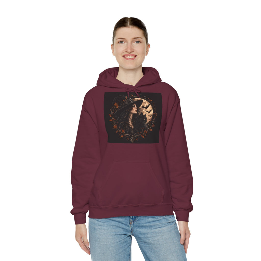 Gothic hoodie featuring a witch, black cat, moon and bats