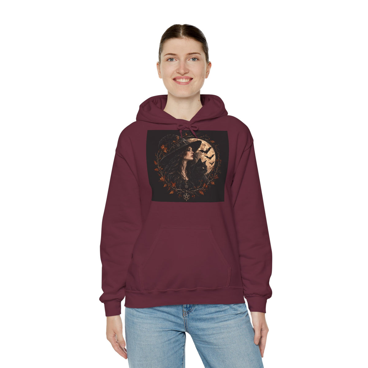 Gothic hoodie featuring a witch, black cat, moon and bats