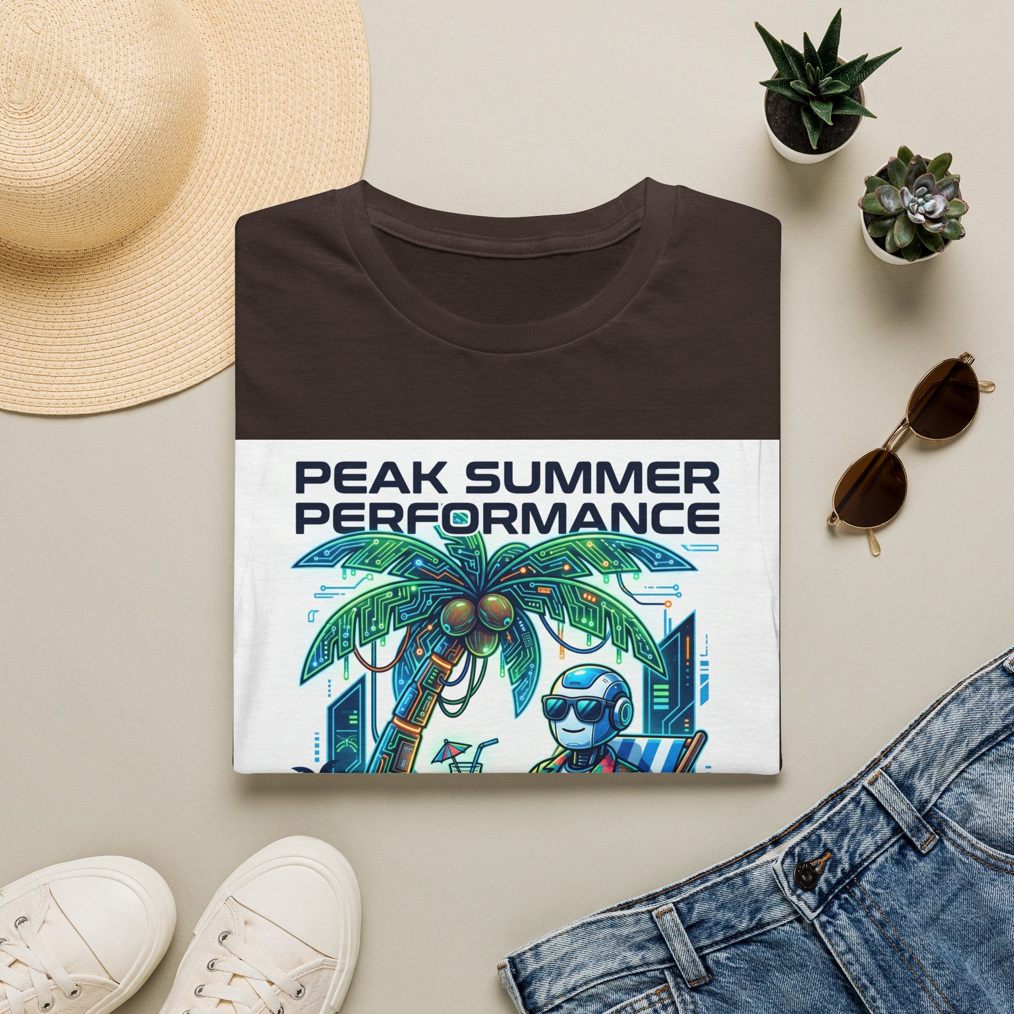 Peak Summer Performance T-Shirt — Retro Palm Tree & Relaxing Robot Graphic Tee