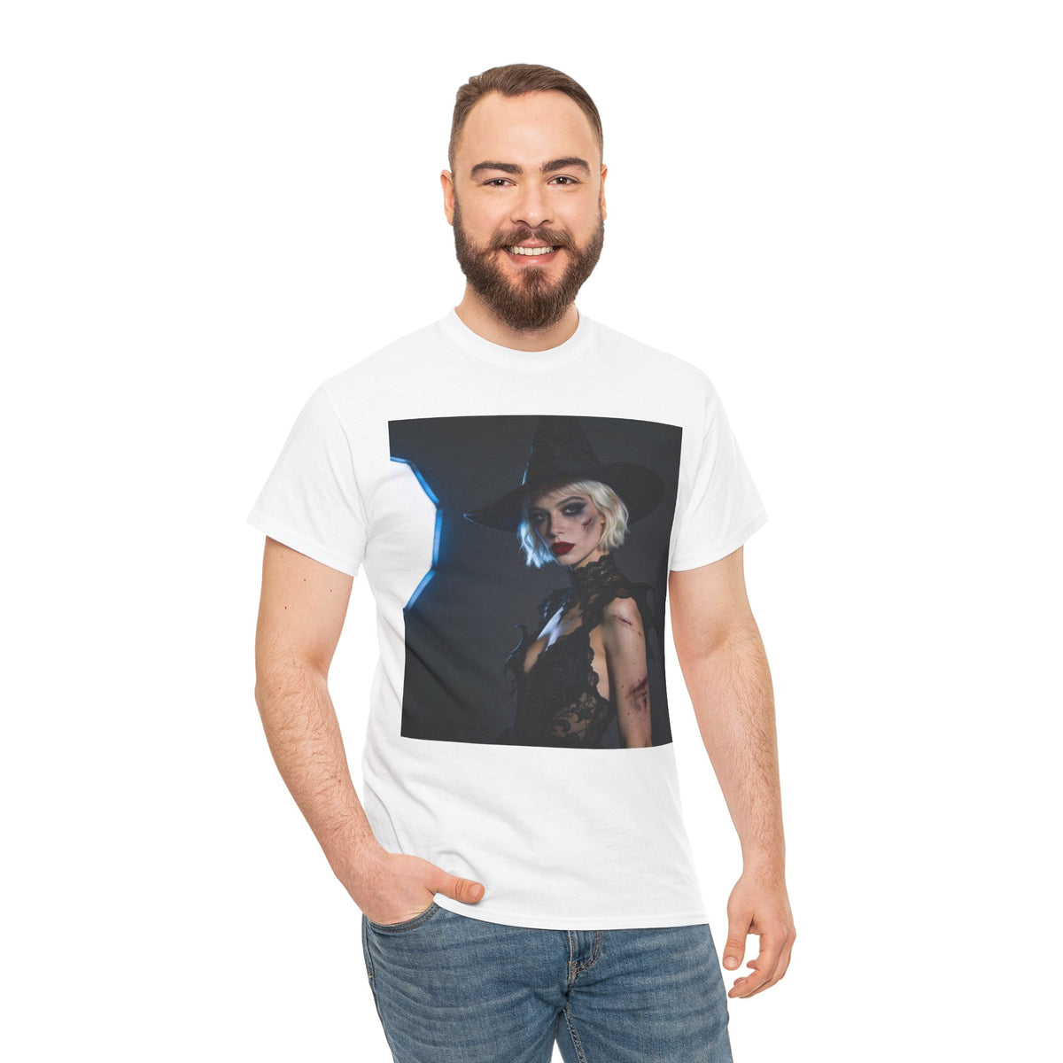 Gothic witch T-shirt with artistic witch portrait and dark Halloween design