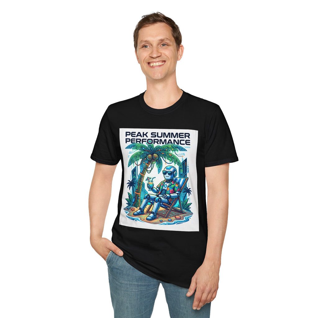 Peak Summer Performance T-Shirt — Retro Palm Tree & Relaxing Robot Graphic Tee