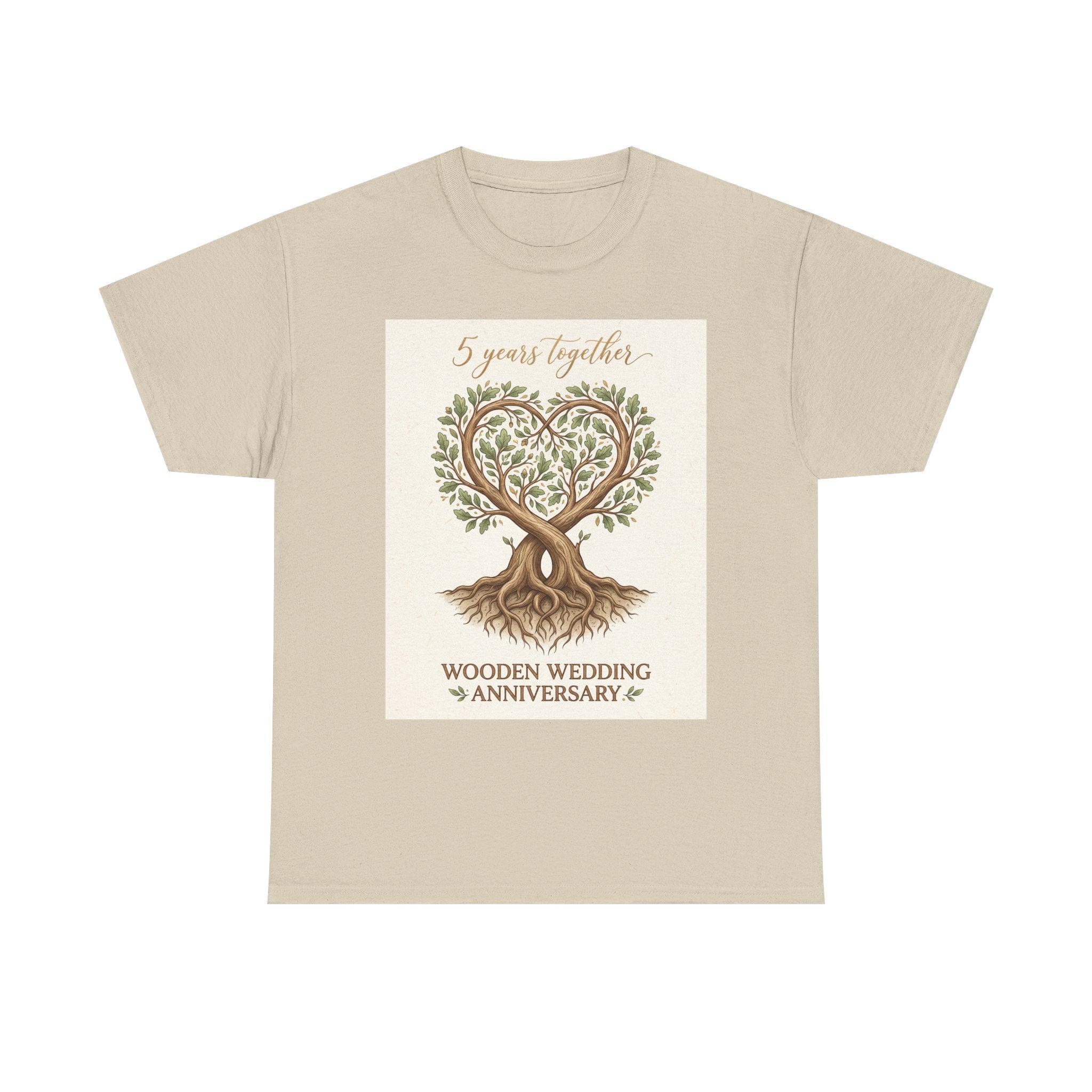 Wooden Wedding Anniversary Tee — "5 Years Together" Tree Heart Design