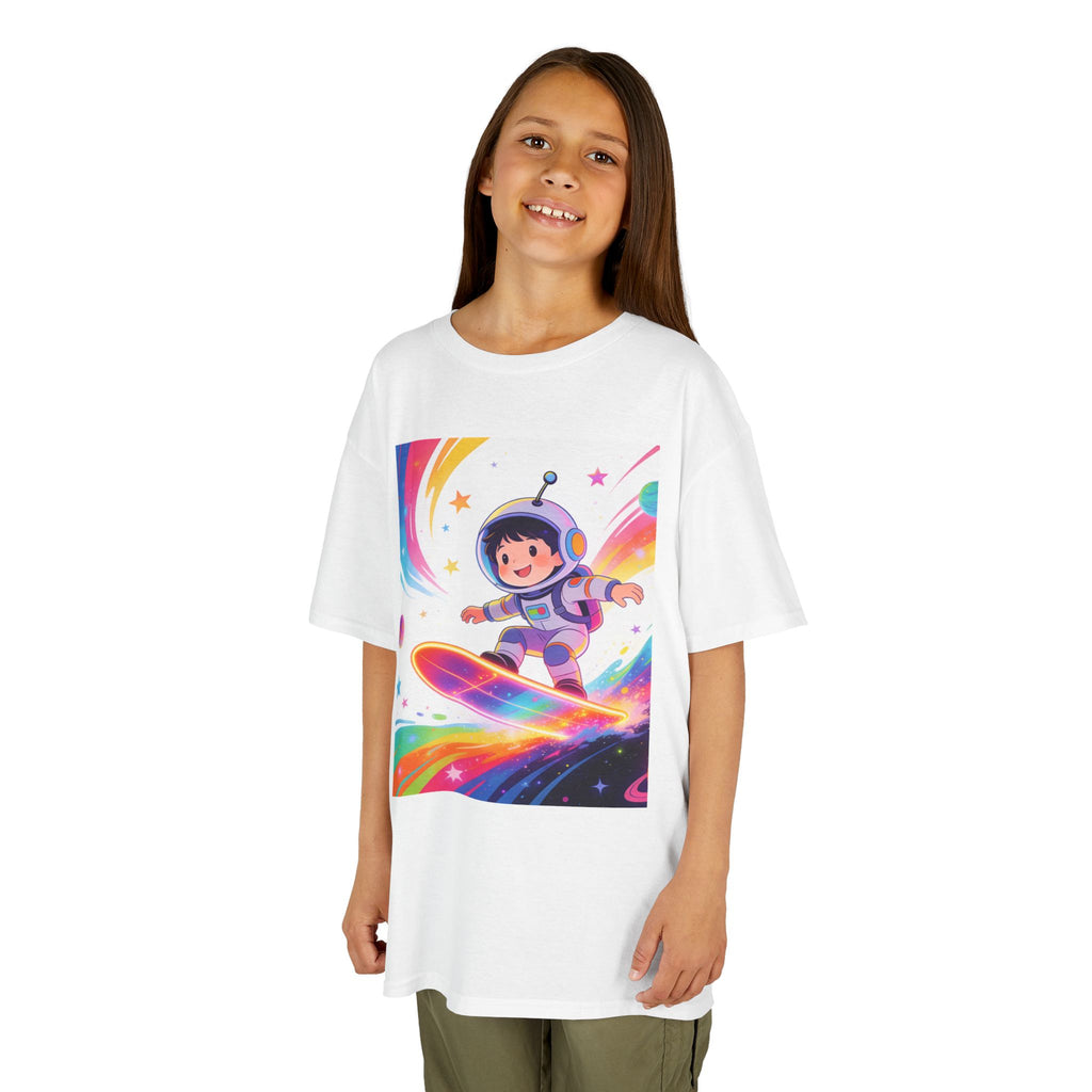 Kids Tee — Rainbow Space Surfing Astronaut Graphic