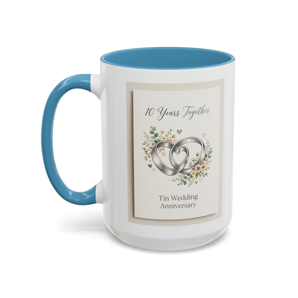 10th Wedding Anniversary Tin Rings Coffee Mug — '10 Years Together' Floral Accent