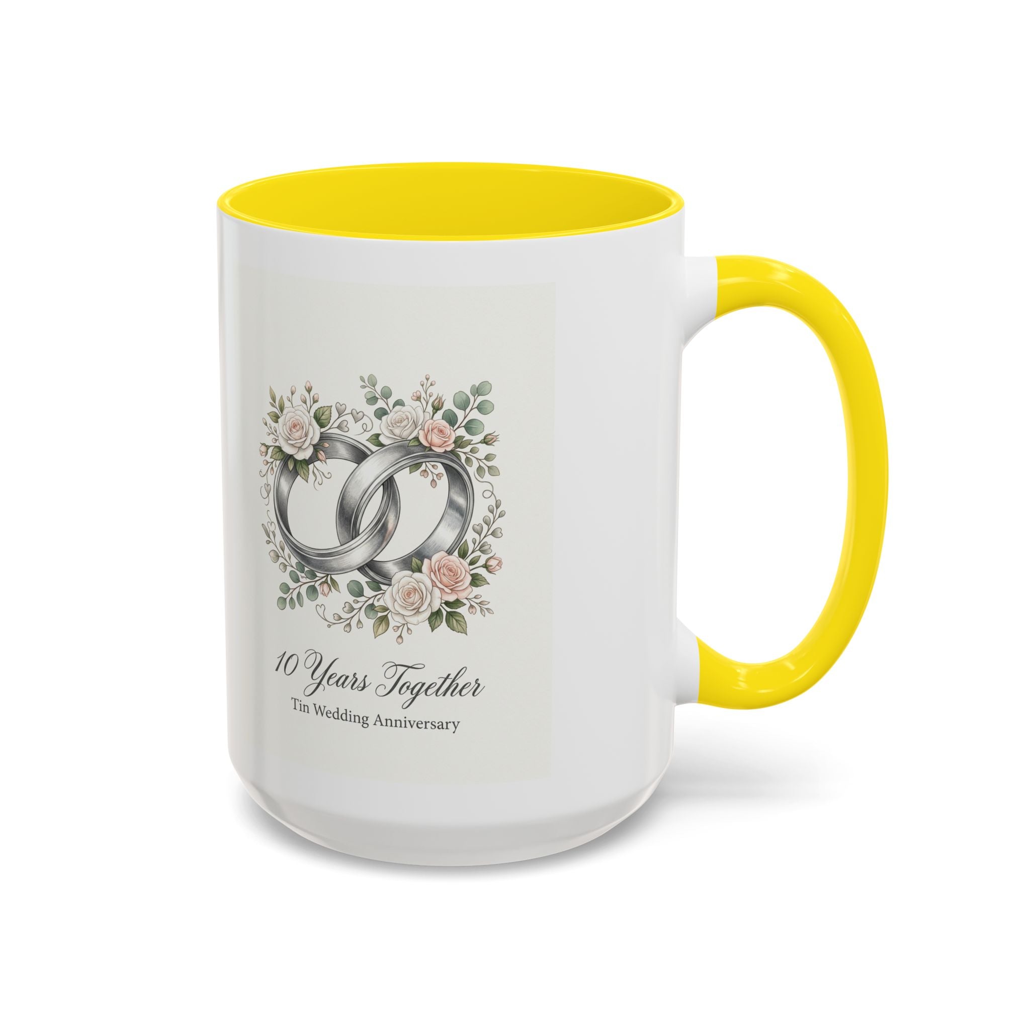 10th Wedding Anniversary Tin Rings Coffee Mug — '10 Years Together' Floral Accent