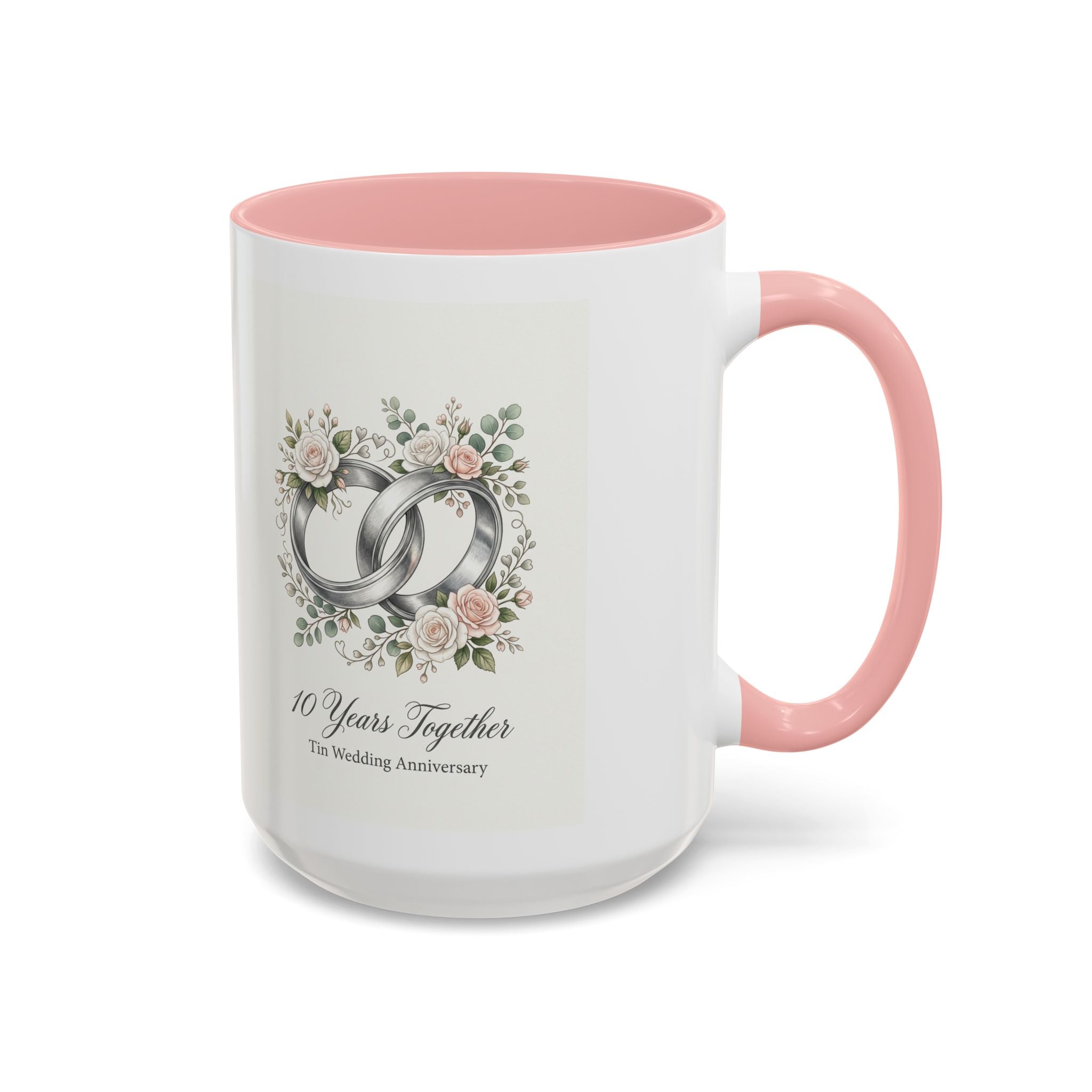 10th Wedding Anniversary Tin Rings Coffee Mug — '10 Years Together' Floral Accent