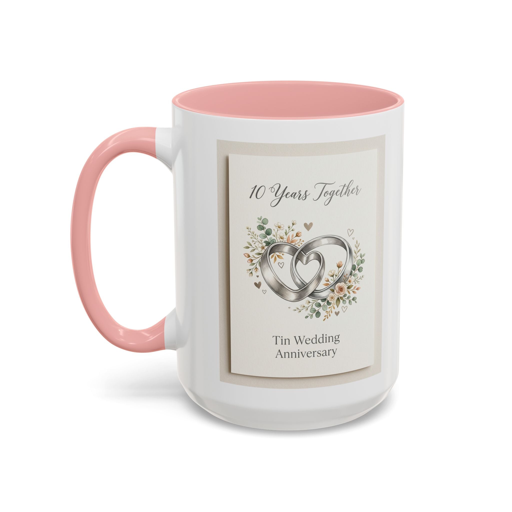 10th Wedding Anniversary Tin Rings Coffee Mug — '10 Years Together' Floral Accent