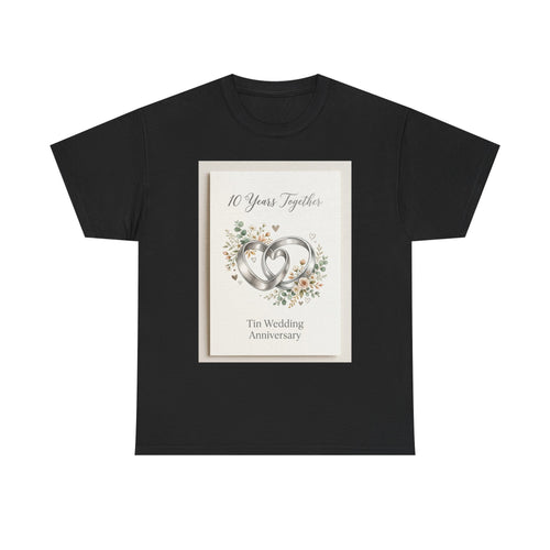 10th Wedding Anniversary Tin Rings T-Shirt — "10 Years Together" Floral Design