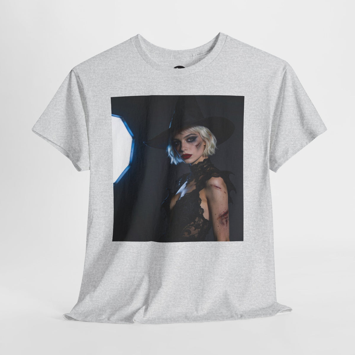 Gothic witch T-shirt with artistic witch portrait and dark Halloween design