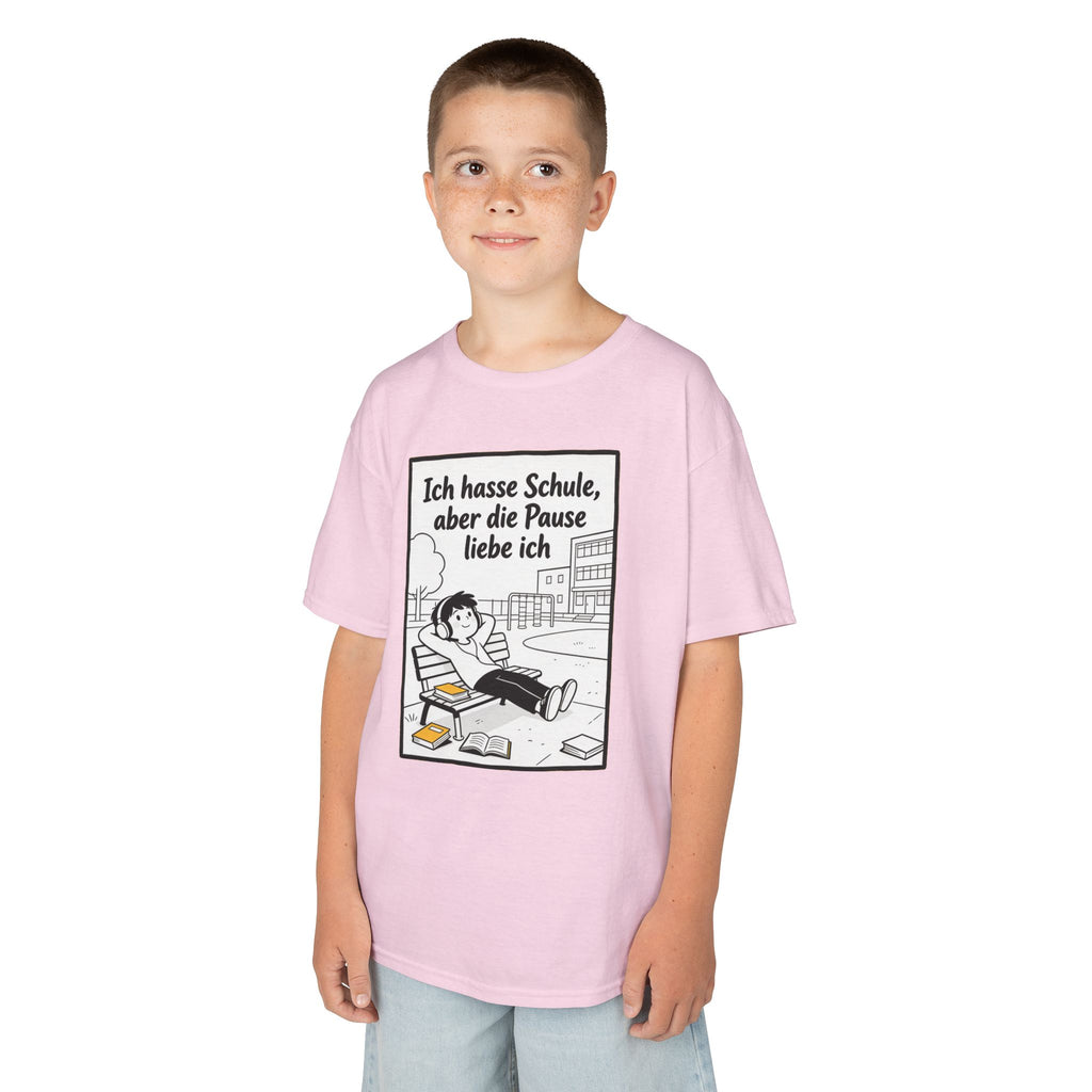 Kinder-T-Shirt – „Ich hasse Schule, aber die Pause liebe ich“ Cartoon-Schulpausen-Shirt